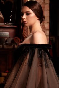 Off the shoulder mermaid dress made of velvet featuring bell sleeves