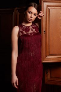 Maxi fringe dress featuring tulle ruffles and Chantilly lace