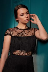 Maxi dress featuring Solstiss lace bust and a skirt with ruffles and tulle