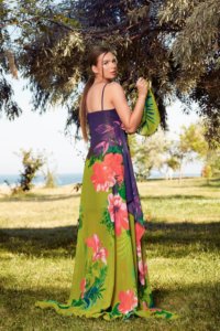 Halterneck butterfly gown made of silk tulle featuring an exquisite floral design