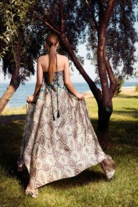 Halterneck butterfly gown made of silk featuring an exquisite print