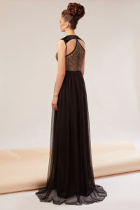 Gown featuring a Solsitss lace bust with velvet stripes and skirt made of natural silk