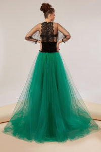 Gown featuring a lace bust, Solstiss lace and folds made of tulle on the bra cups