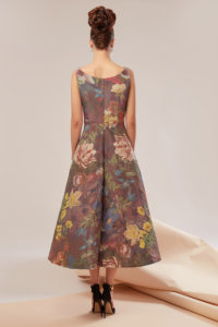 Retro midi dress made of taffeta featuring a flower pattern and handmade appliques